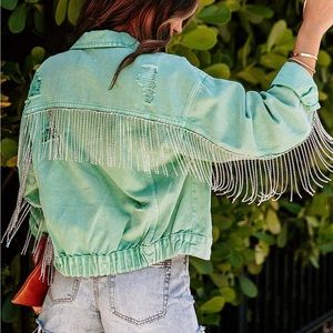 Denim Cropped Jacket Rhinestone Fringe Taylor Swift M
